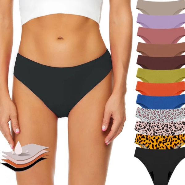 Bikini o bombacha menstrual absorbente sin costuras, absorción moderada, ideal para piscina o playa.