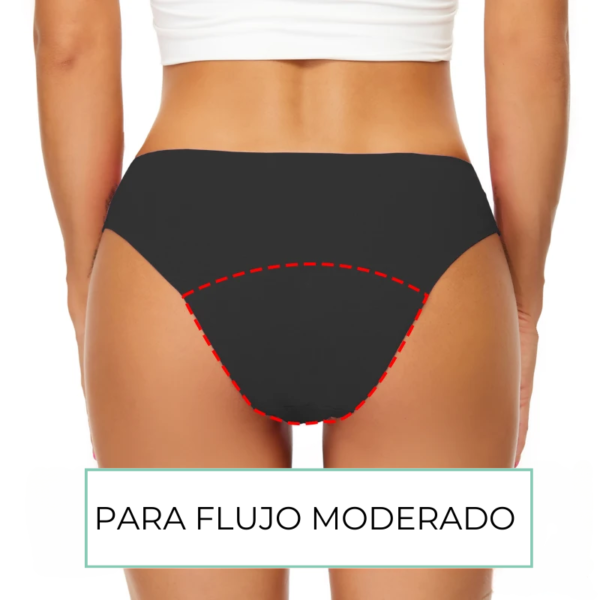 Bikini o bombacha menstrual absorbente sin costuras, tiro alto, absorción moderada, ideal para piscina o playa.