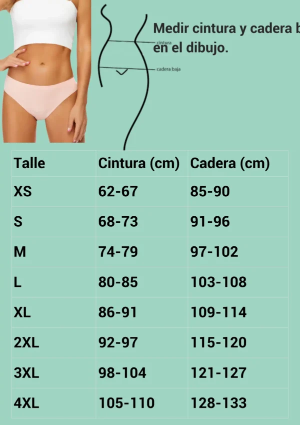 Tabla de talles vedetina absorbente sin costuras